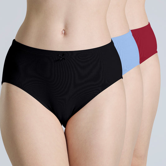 Nykd By Nykaa PO3 Mid Rise Cotton Hipster Panty with Outer Elastic-Jet Black,C.Red,Sky Blue NYP391
