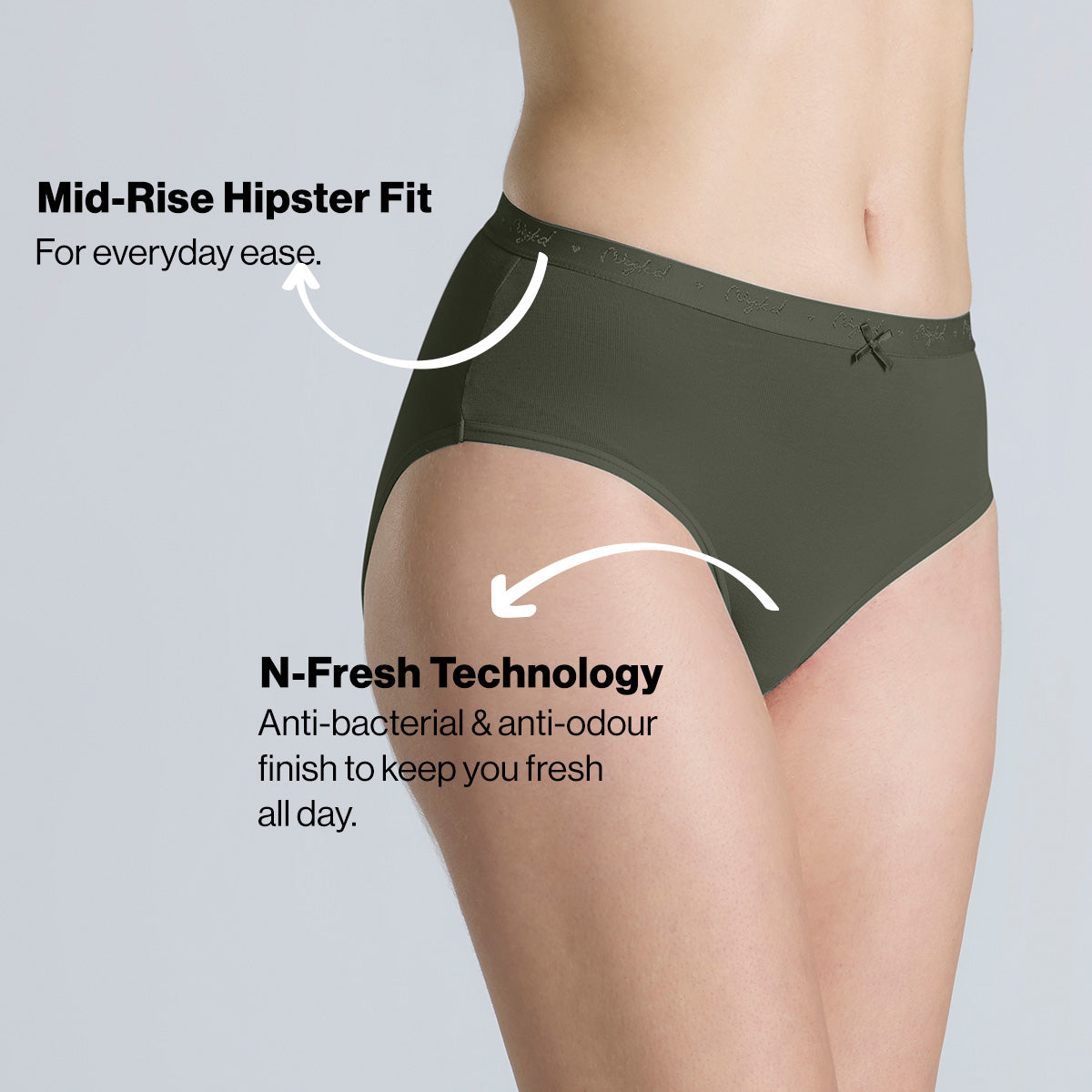 Nykd By Nykaa PO3 Mid Rise Cotton Hipster Panty with Outer Elastic-Jet Black,Taupe,Green NYP391