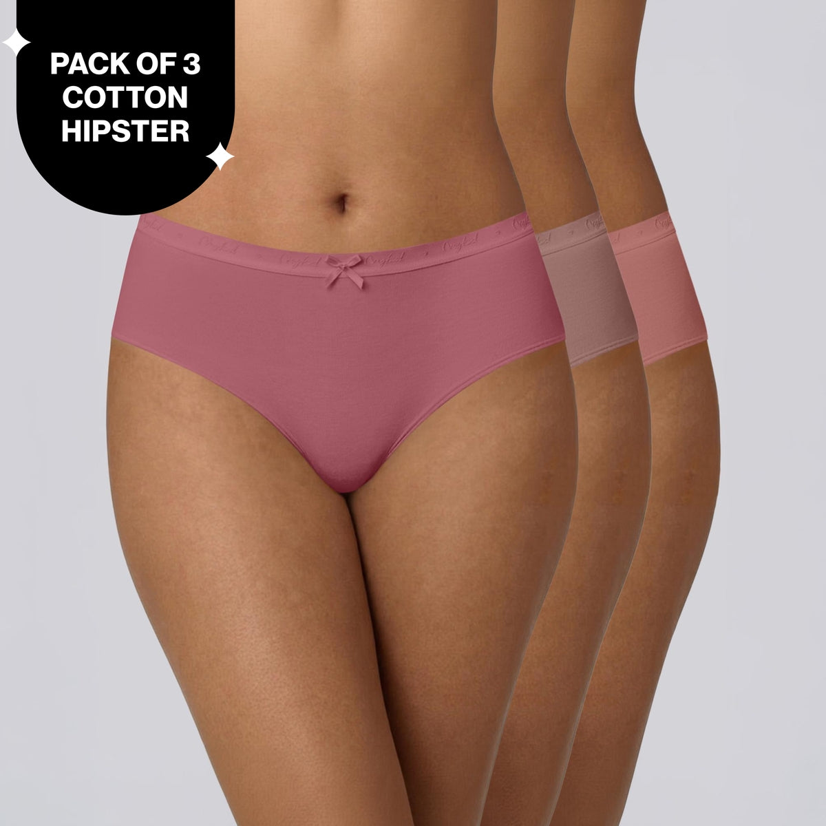 PO3 Mid Rise Cotton Hipster Panty with Outer Elastic- NYP391 W Mauve,B Pink,L Rust