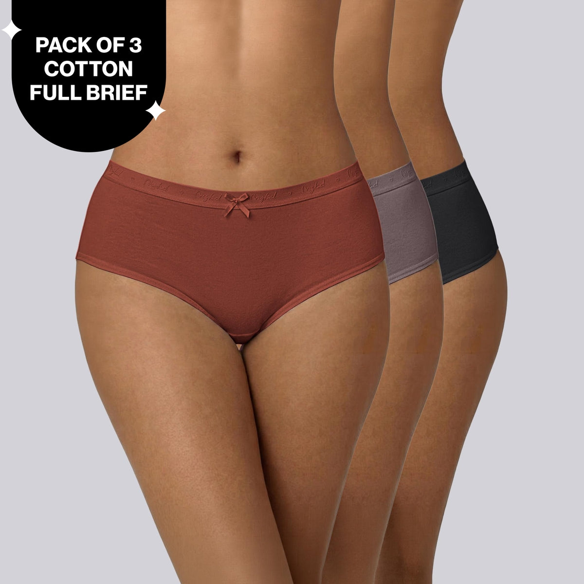 PO3 Mid Rise Cotton Full Brief Panty with Outer Elastic-NYP392 B Maroon,T Plum,Jet Black