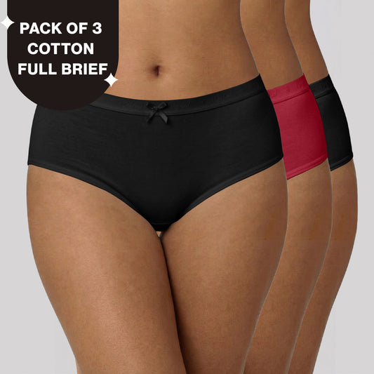 Nykd by Nykaa PO3 High Rise Cotton Full Brief Panty with Outer Elastic-Jet Black,S.Red,Jet Black NYP392