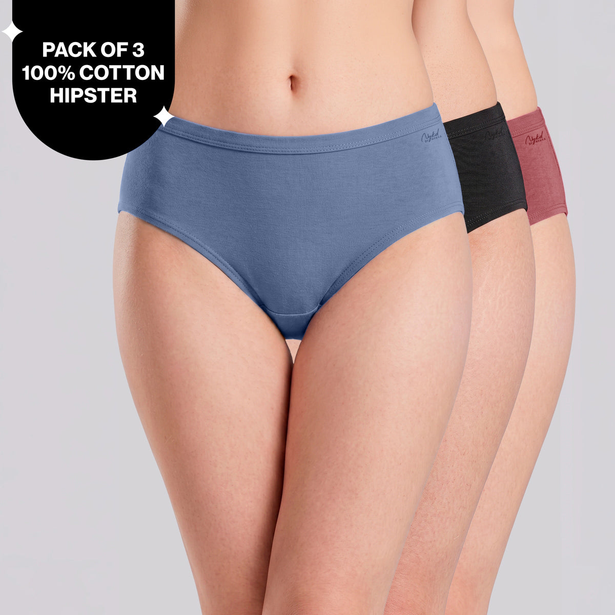PO3 Mid Rise 100% Cotton Hipster Panty with Inner Elastic NYP451 Lt Blue, Black, W Mauve