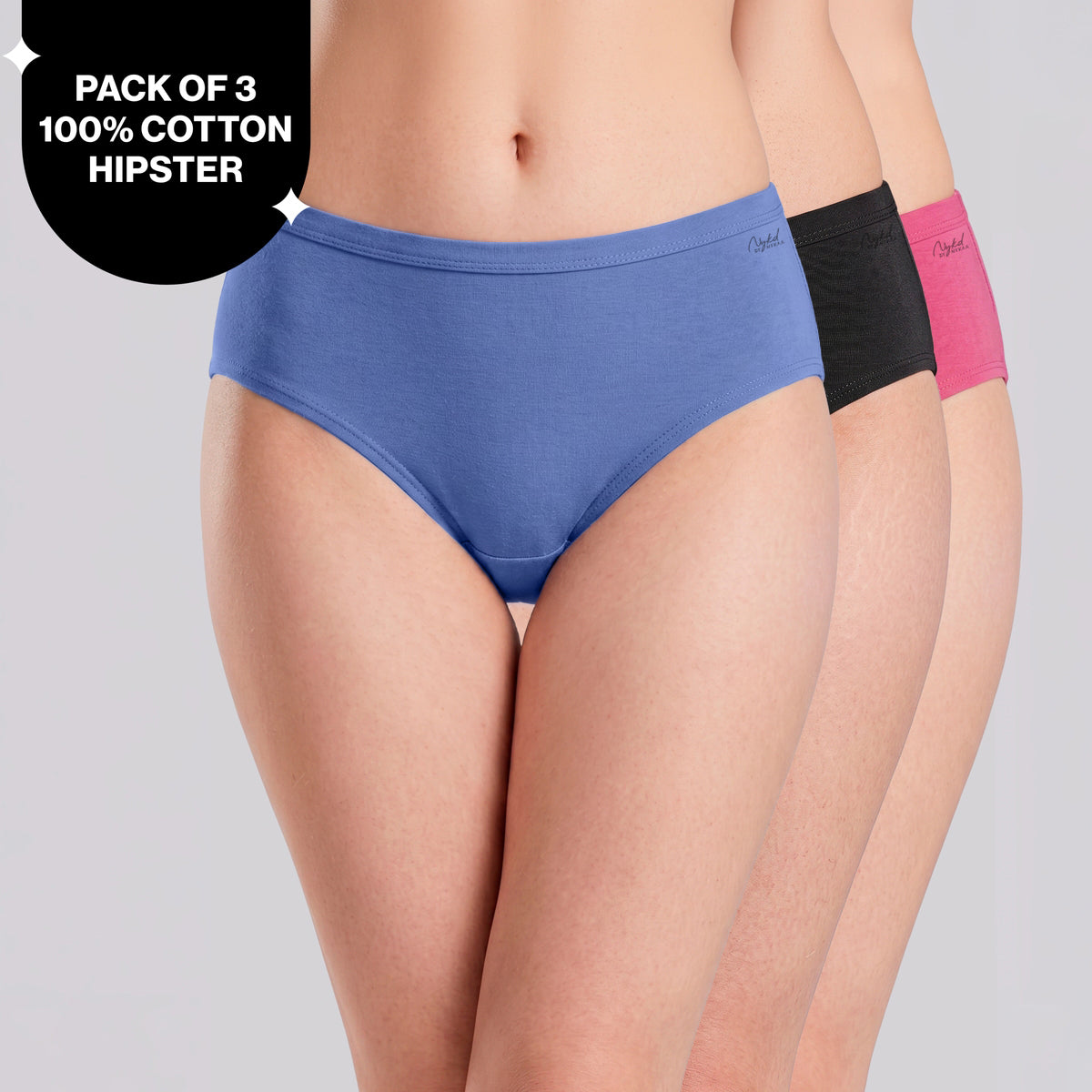 PO3 Mid Rise 100% Cotton Hipster Panty with Inner Elastic - NYP451 W.Blue,Black,Hot Pink