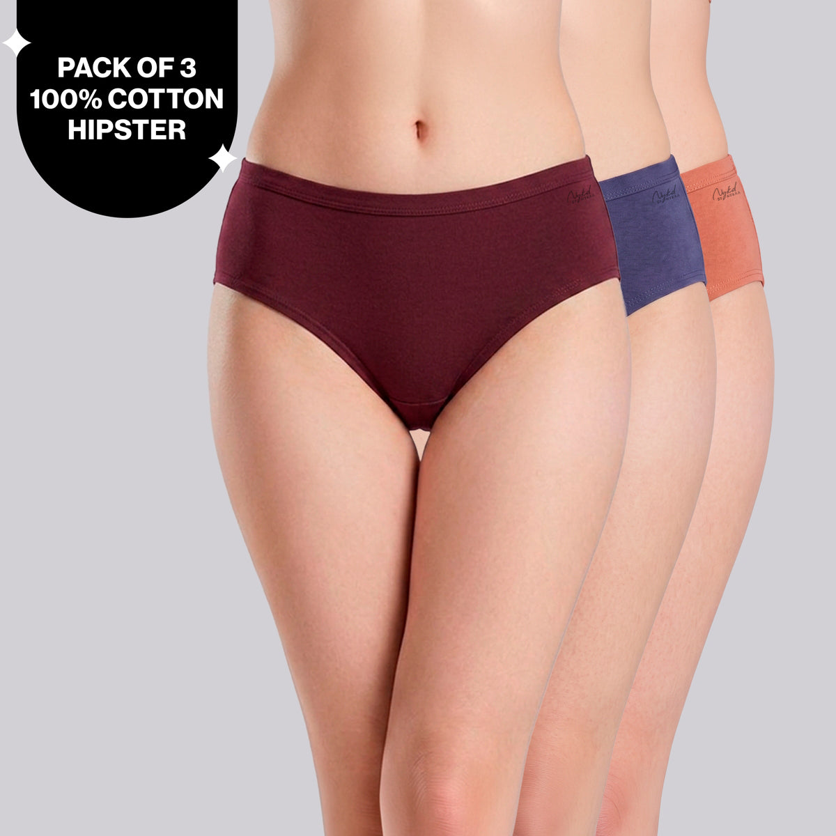 PO3 Mid Rise 100% Cotton Hipster Panty with Inner Elastic - NYP451 Wine,D Purple,Clay