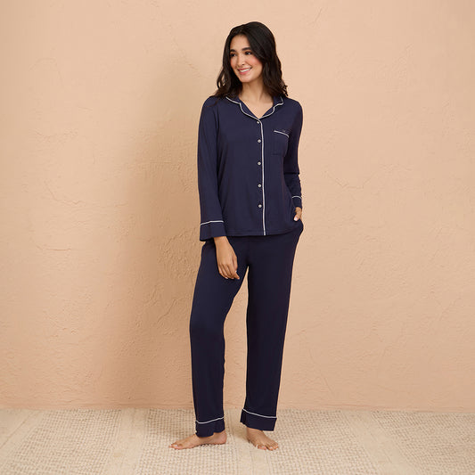 Sumptuously Soft Modal Button - Down Pajama Set of 2-Navy NYS001