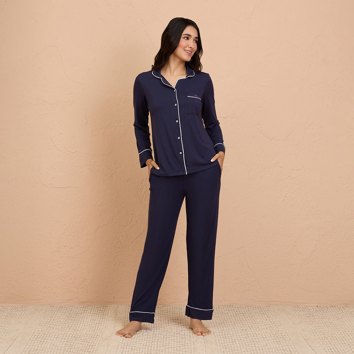 Sumptuously Soft Modal Button - Down Pajama Set of 2-Navy NYS001