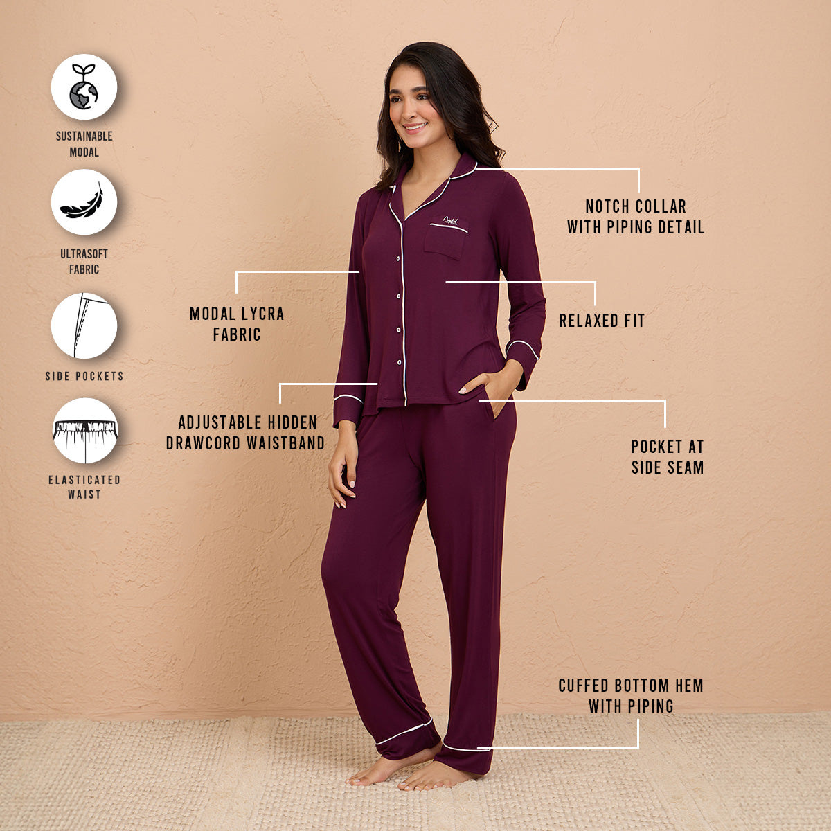 Modal Pajama Set of 2 in a Sumptuously Soft Modal Button-Down style  -Potent Purple NYS001