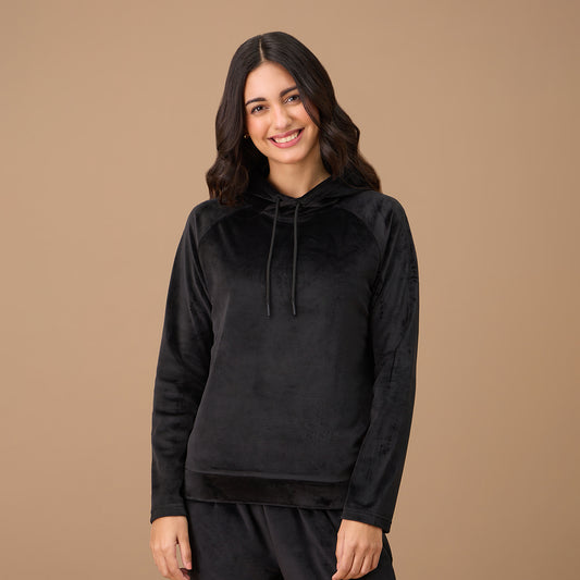 Hooded Velour Sweatshirt - NYS052 - Jet Black