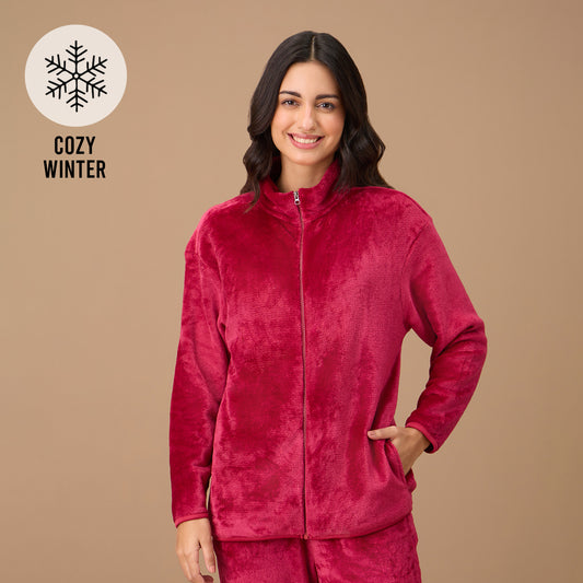 Luxe Fur Cozy Front Open Zippered Jacket-NYS120-Red