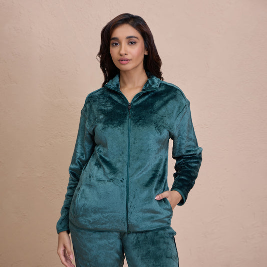 Luxe Fur Cozy Front Open Zippered Jacket-NYS120-Green