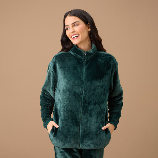 Luxe Fur Cozy Front Open Zippered Jacket-NYS120-Green