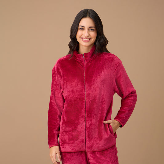 Luxe Fur Cozy Front Open Zippered Jacket-NYS120- Red