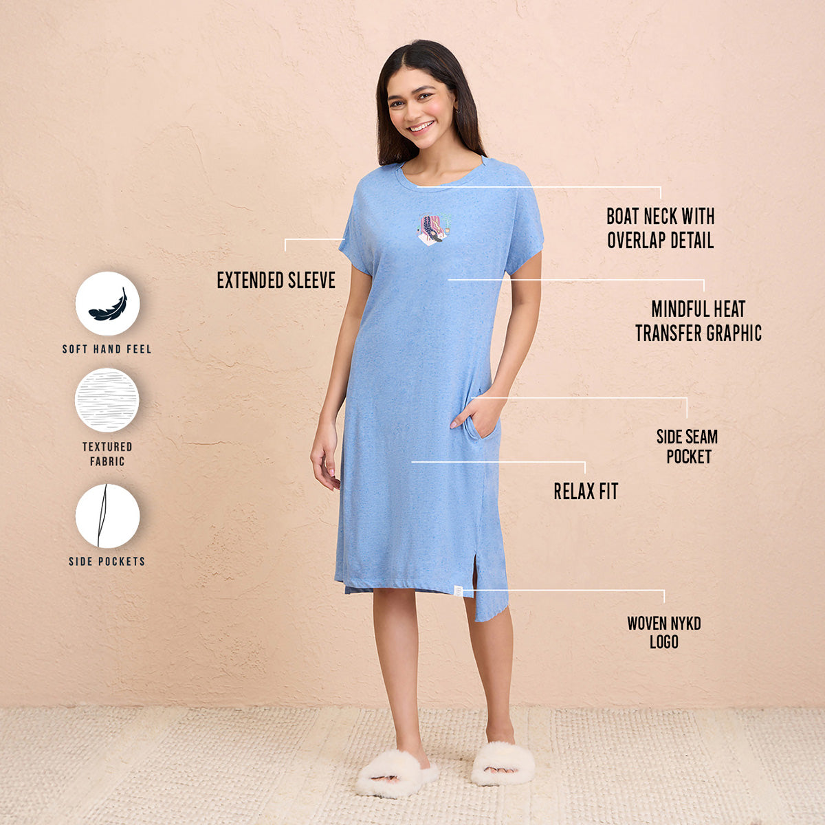 Textured Sleep Dress in Super Soft and Comfy Fabric - NYS133 - Light Blue