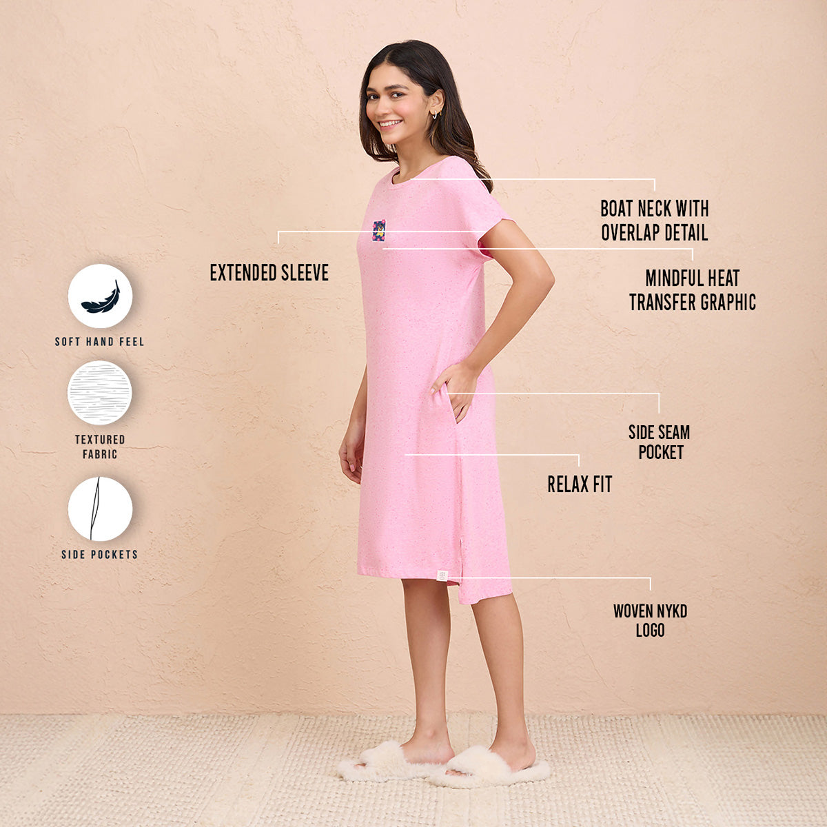 Textured Sleep Dress in Super Soft and Comfy Fabric - NYS133 - Light Pink