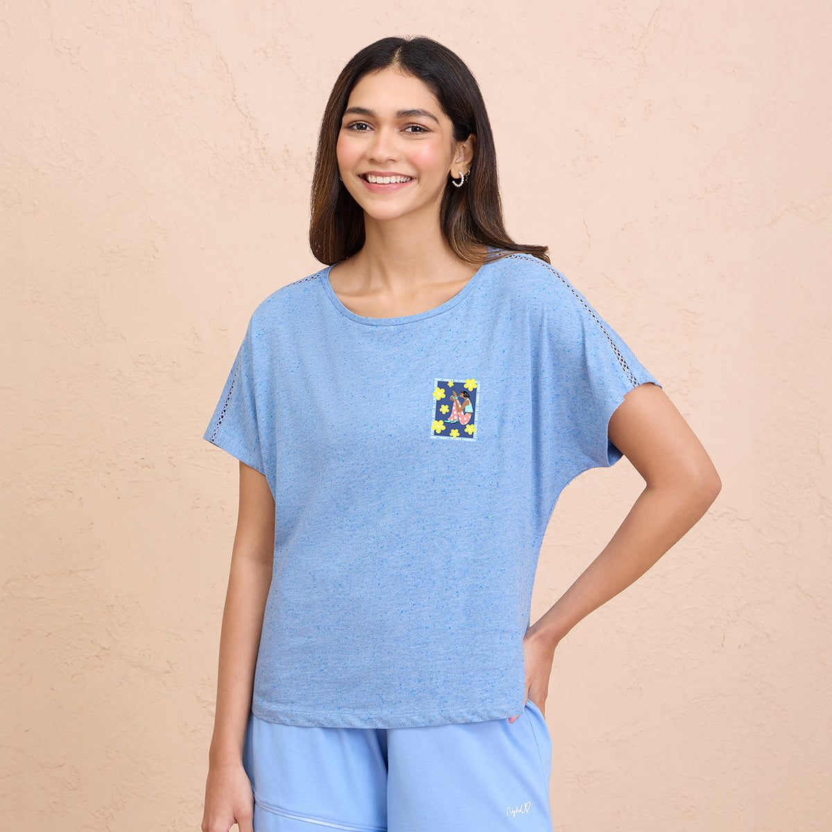 Comfy neppy Textured Lace Detail Tee-NYS134-Light Blue