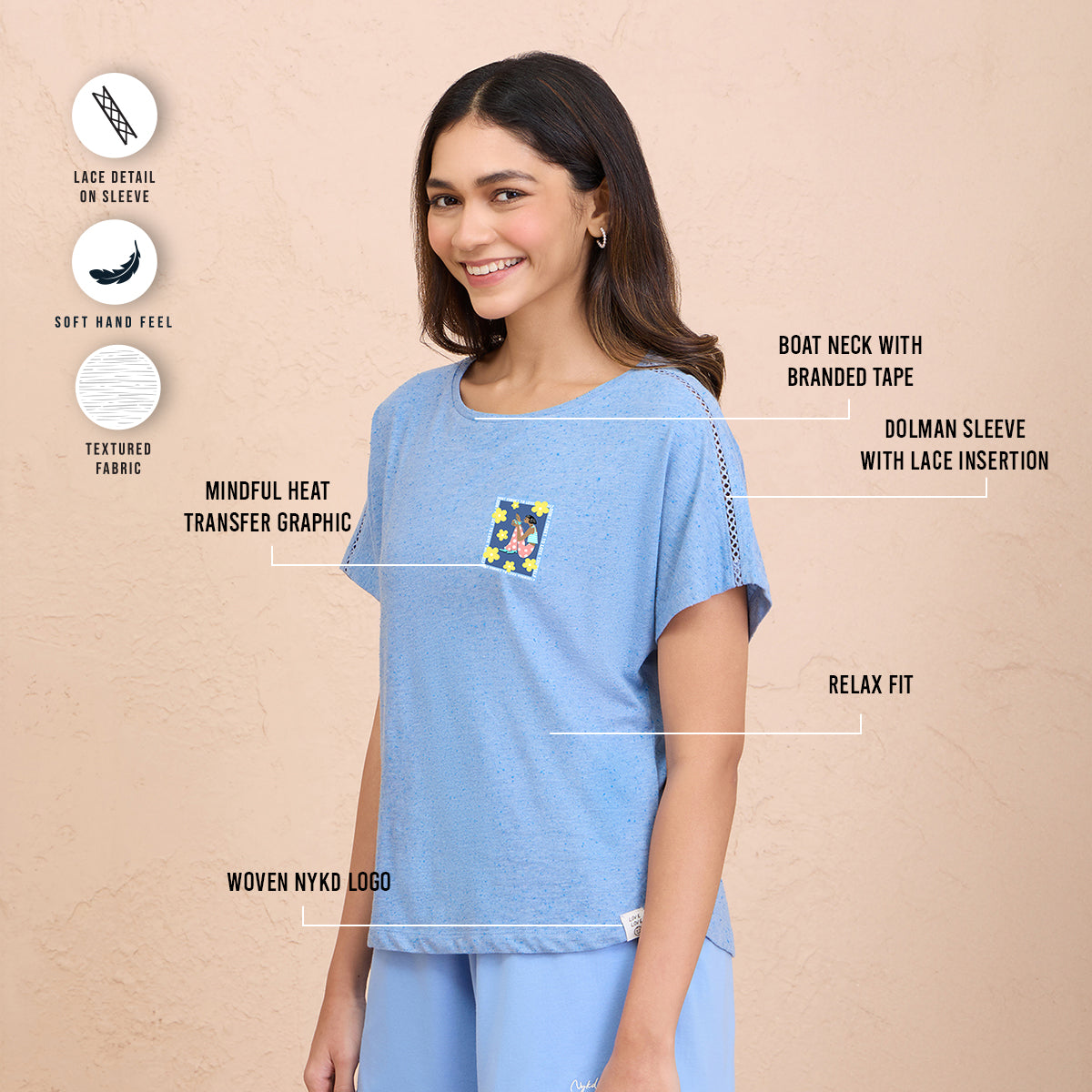 Comfy neppy Textured Lace Detail Tee-NYS134-Light Blue