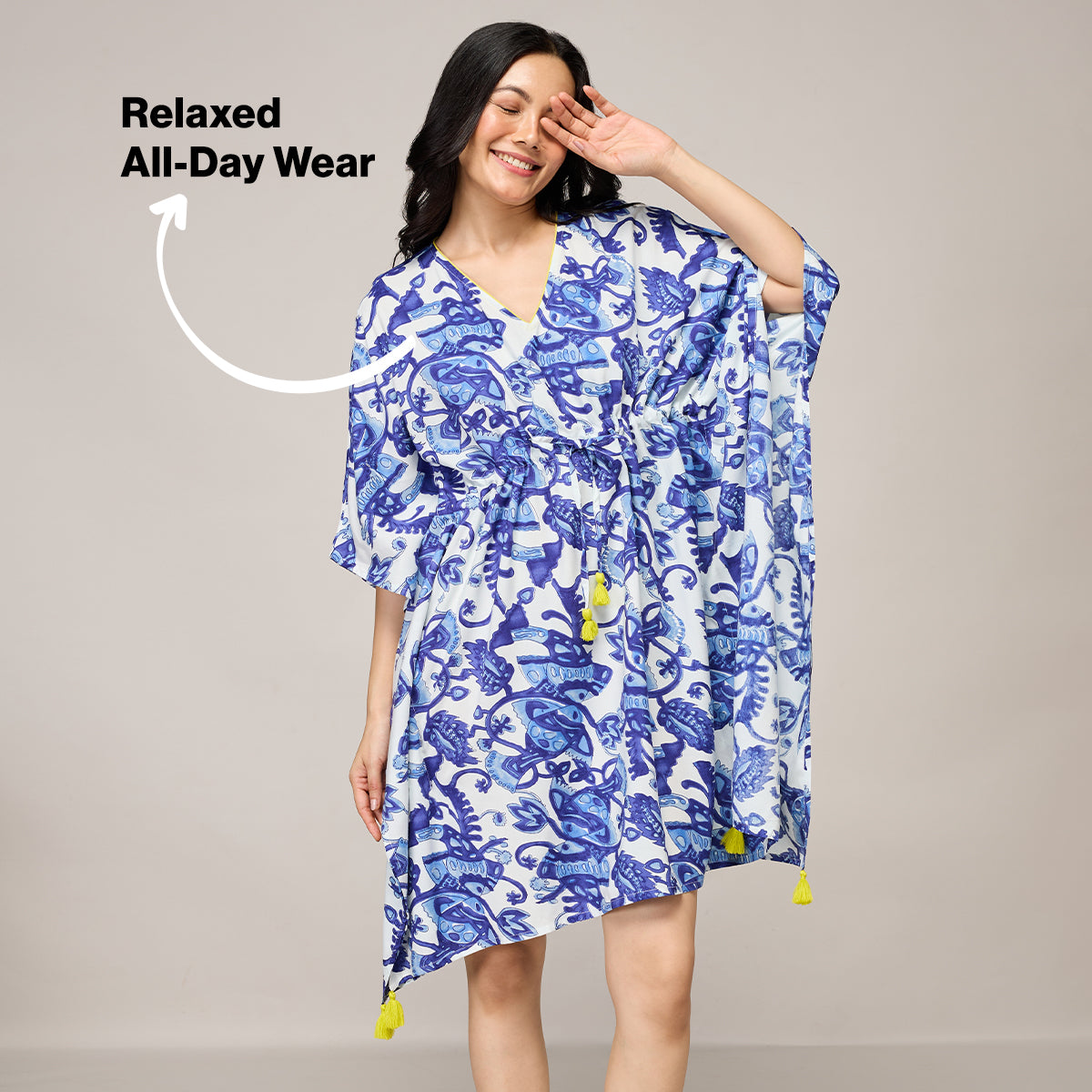 NYKD BY NYKAA BREEZY RAYON KAFTAN WITH TASSELLED TIE-UP AT WAIST NYS136 BLUE