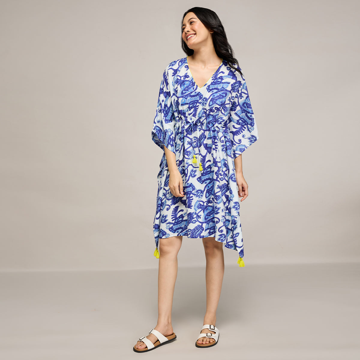 NYKD BY NYKAA BREEZY RAYON KAFTAN WITH TASSELLED TIE-UP AT WAIST NYS136 BLUE