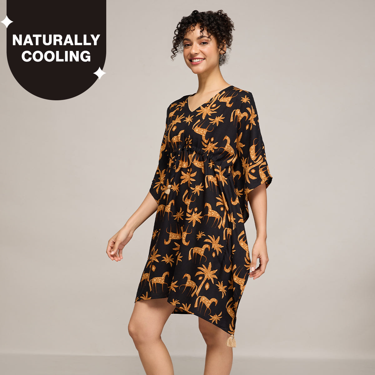 NYKD BY NYKAA BREEZY RAYON KAFTAN WITH TASSELLED TIE-UP AT WAIST NYS136 CHARCOAL