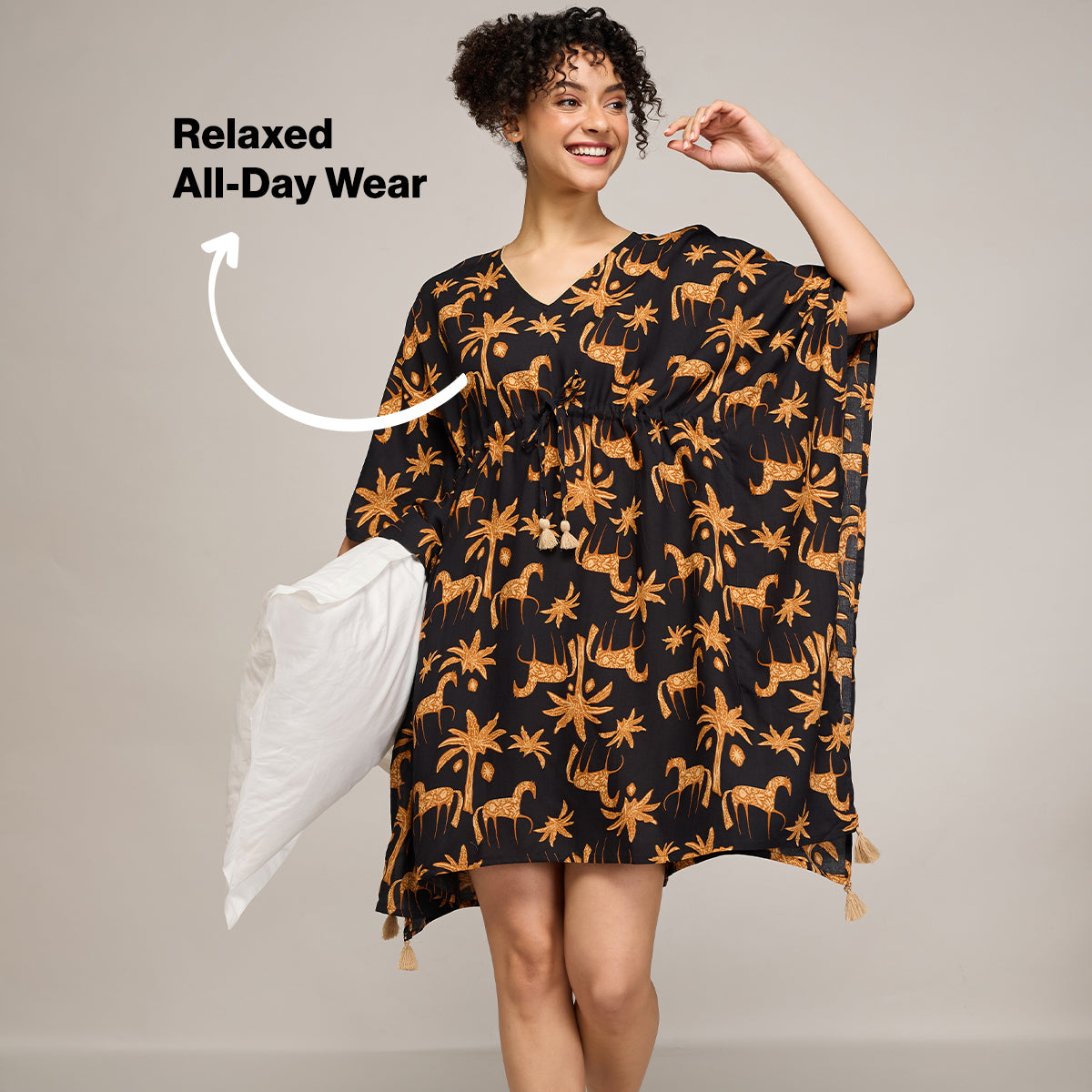 NYKD BY NYKAA BREEZY RAYON KAFTAN WITH TASSELLED TIE-UP AT WAIST NYS136 CHARCOAL