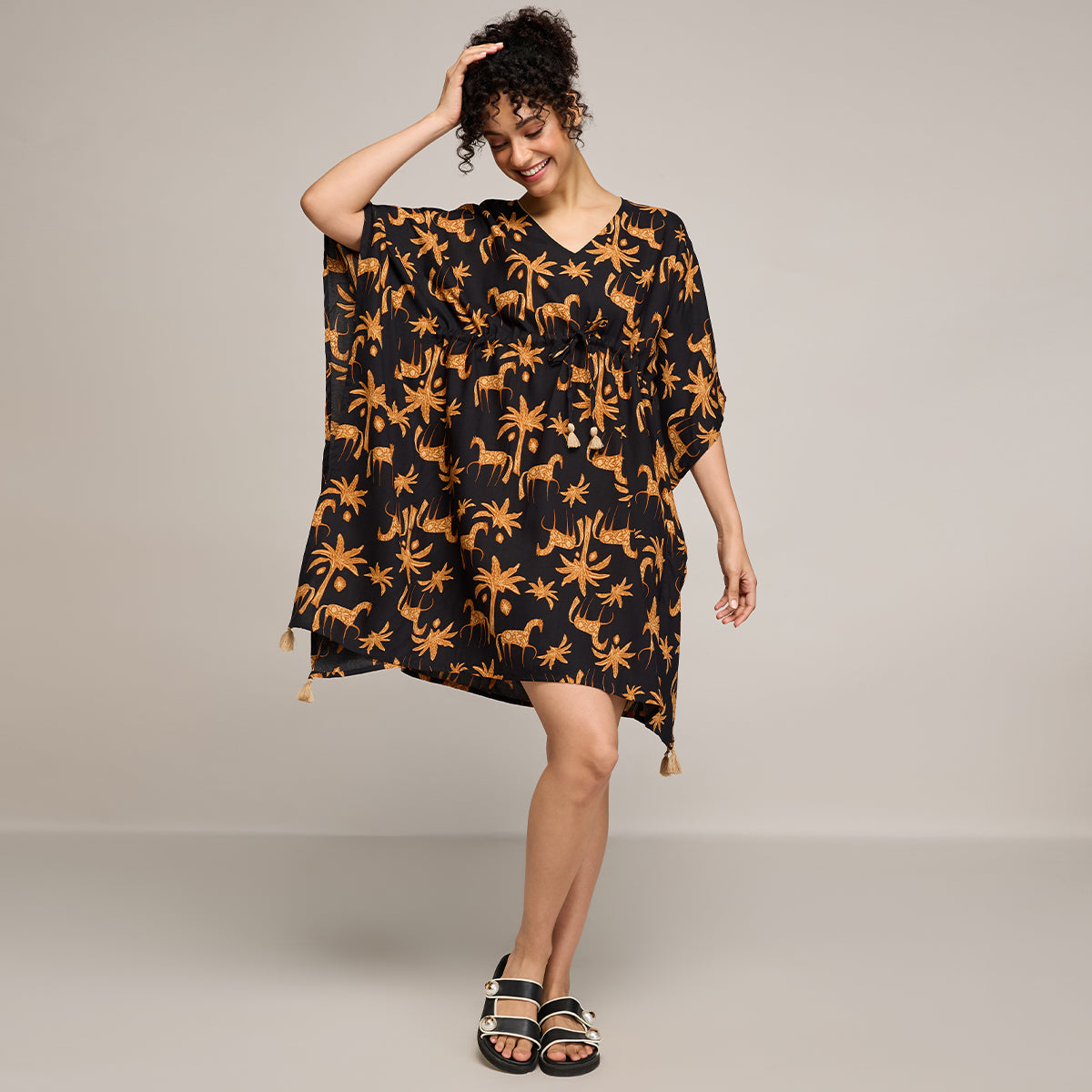 NYKD BY NYKAA BREEZY RAYON KAFTAN WITH TASSELLED TIE-UP AT WAIST NYS136 CHARCOAL