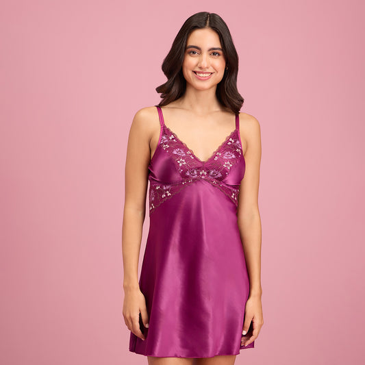 Nykd by Nykaa Embroidered Lace and Satin Babydoll with Panty- NYS138-Purple (Set of 2)