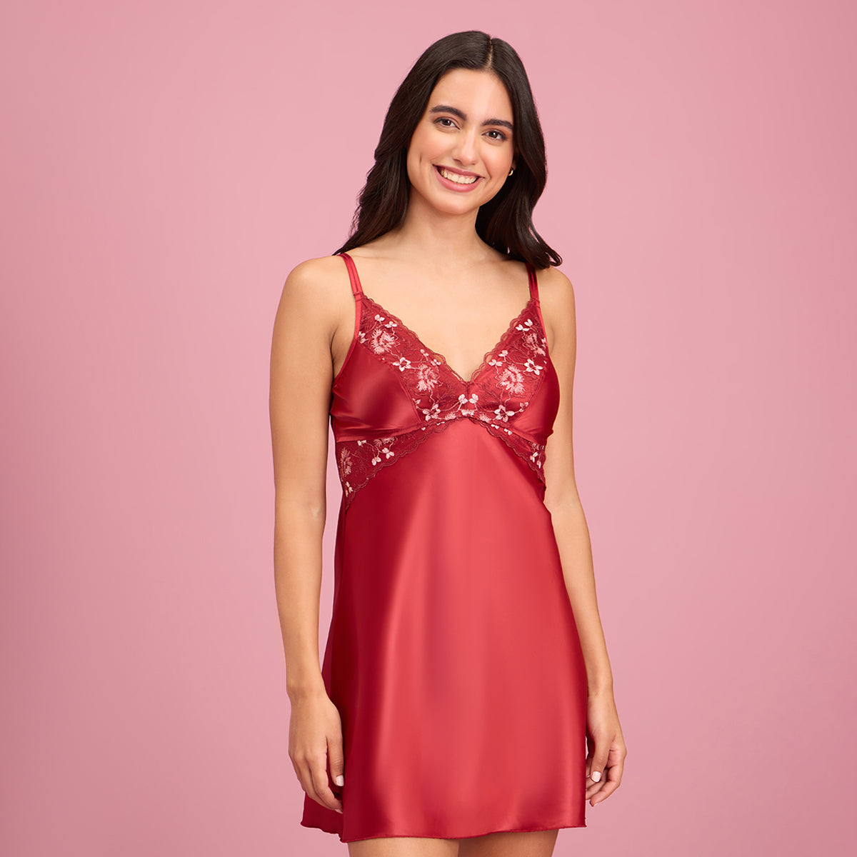 Nykd by Nykaa Embroidered Lace and Satin Babydoll with Panty-NYS138-Maroon (Set of 2)