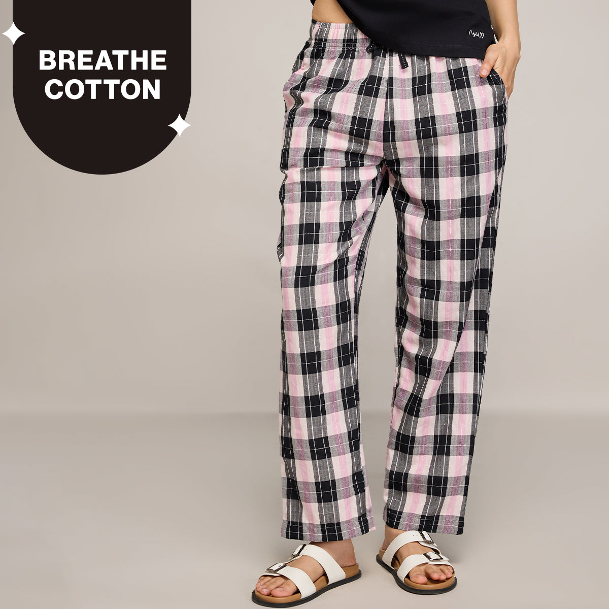 Nykd By Nykaa Essential Cotton Pyjama With Adjustable Elasticated Waist & Pockets Nys141 Black Pink Check