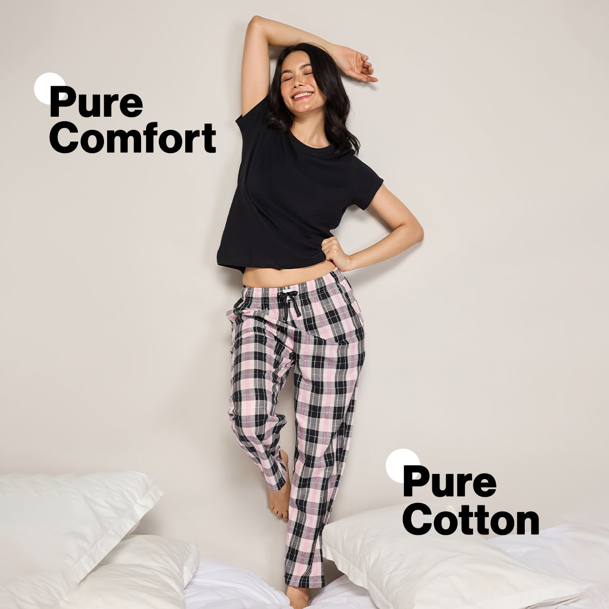 Nykd By Nykaa Essential Cotton Pyjama With Adjustable Elasticated Waist & Pockets Nys141 Black Pink Check