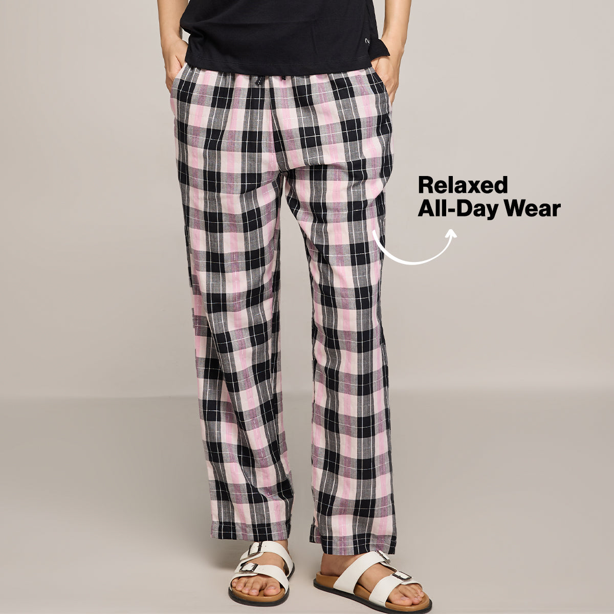 Nykd By Nykaa Essential Cotton Pyjama With Adjustable Elasticated Waist & Pockets Nys141 Black Pink Check
