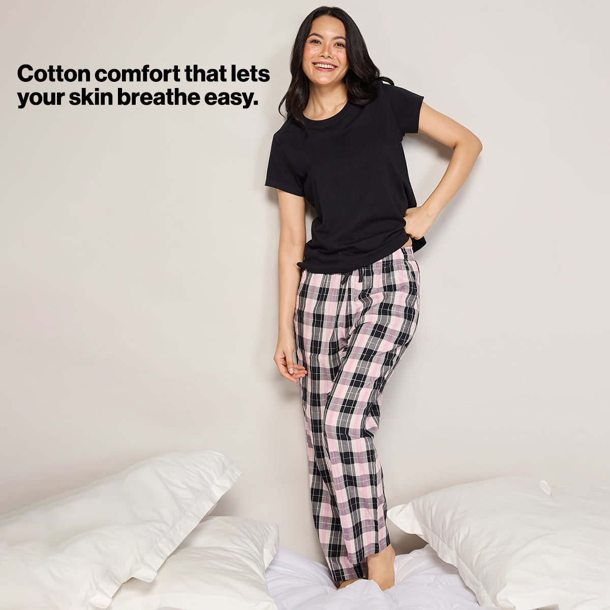 Nykd By Nykaa Essential Cotton Pyjama With Adjustable Elasticated Waist & Pockets Nys141 Black Pink Check