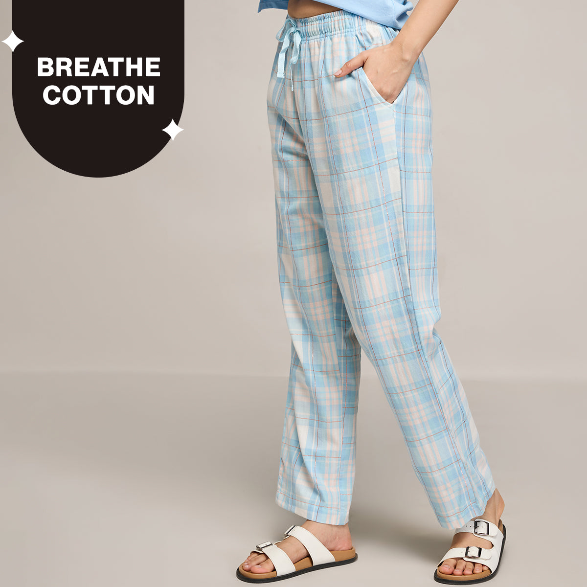Nykd By Nykaa Essential Cotton Pyjama With Adjustable Elasticated Waist & Pockets Nys141 Blue Peach Check