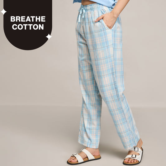 Nykd By Nykaa Essential Cotton Pyjama With Adjustable Elasticated Waist & Pockets Nys141 Blue Peach Check