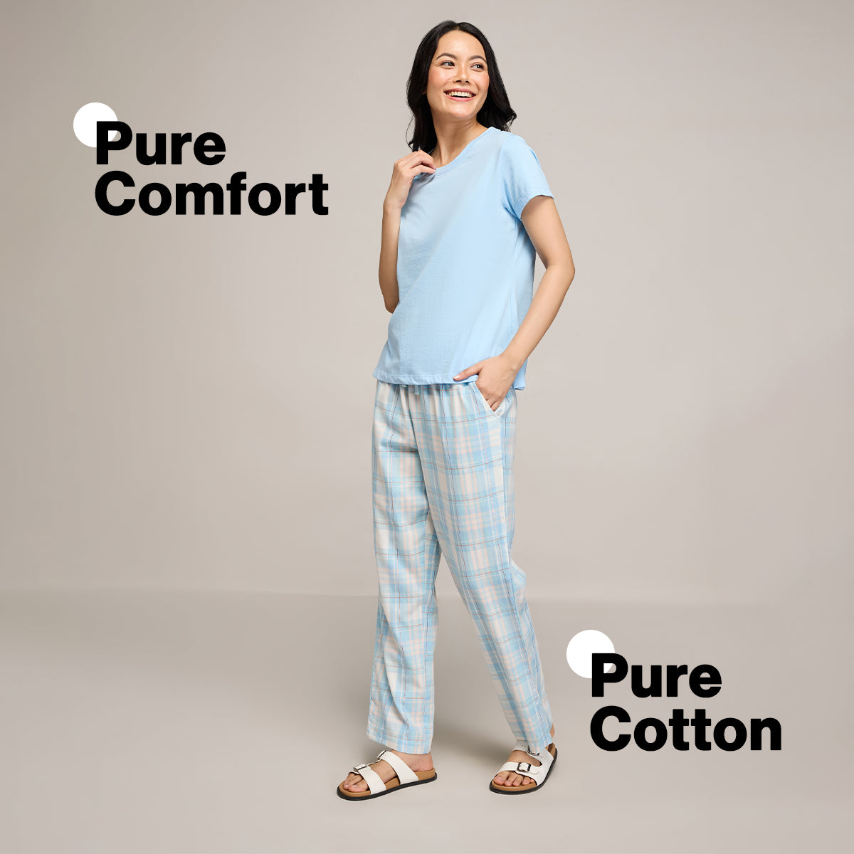 Nykd By Nykaa Essential Cotton Pyjama With Adjustable Elasticated Waist & Pockets Nys141 Blue Peach Check