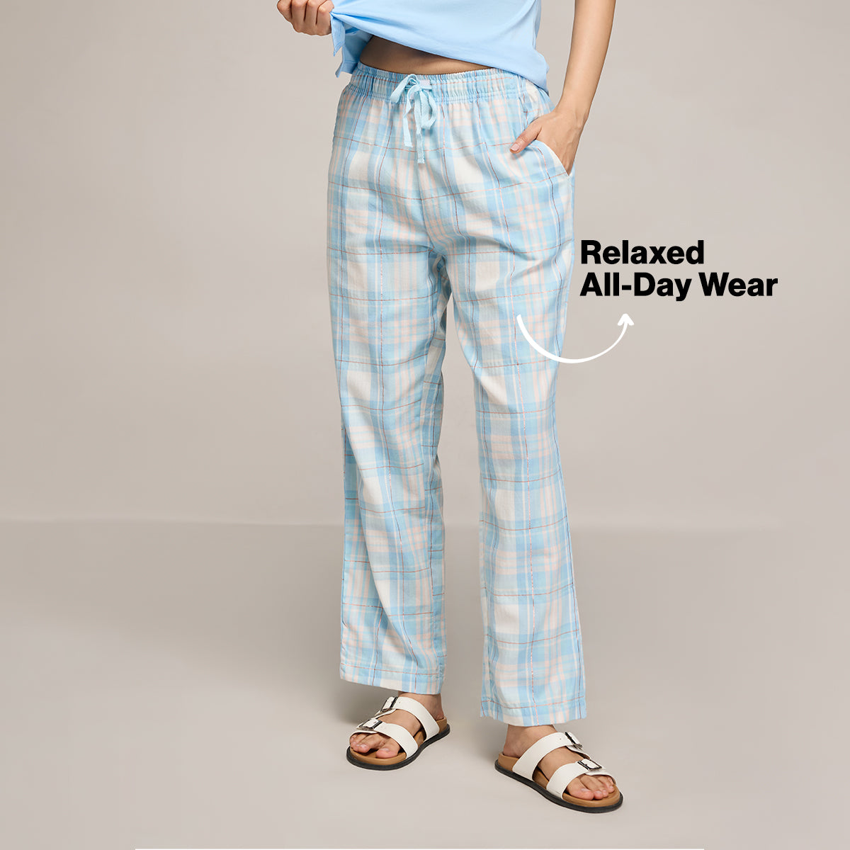 Nykd By Nykaa Essential Cotton Pyjama With Adjustable Elasticated Waist & Pockets Nys141 Blue Peach Check