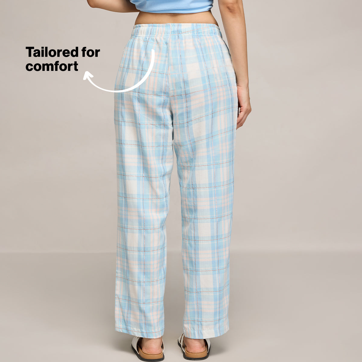 Nykd By Nykaa Essential Cotton Pyjama With Adjustable Elasticated Waist & Pockets Nys141 Blue Peach Check