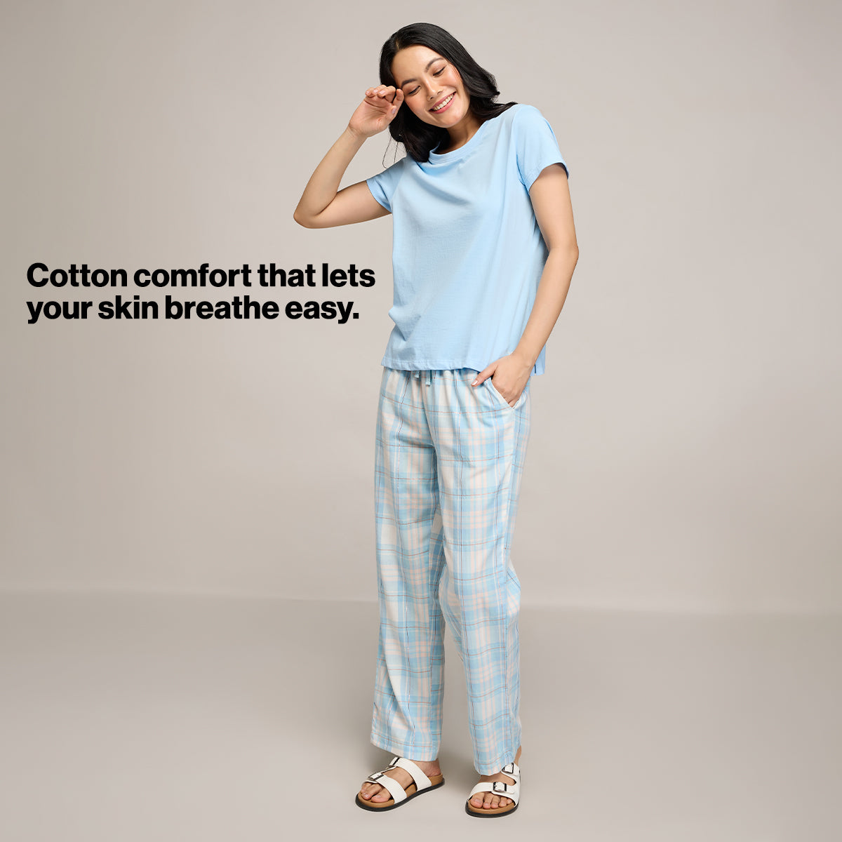Nykd By Nykaa Essential Cotton Pyjama With Adjustable Elasticated Waist & Pockets Nys141 Blue Peach Check