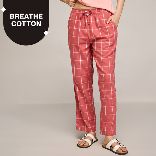 Nykd By Nykaa Essential Cotton Pyjama With Adjustable Elasticated Waist & Pockets Nys141 Brick Check