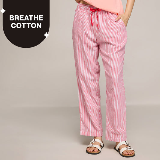 Nykd By Nykaa Essential Cotton Pyjama With Adjustable Elasticated Waist & Pockets Nys141 Coral Stripe