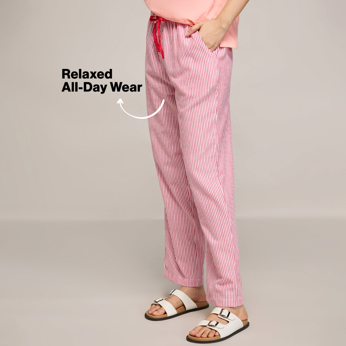 Nykd By Nykaa Essential Cotton Pyjama With Adjustable Elasticated Waist & Pockets Nys141 Coral Stripe
