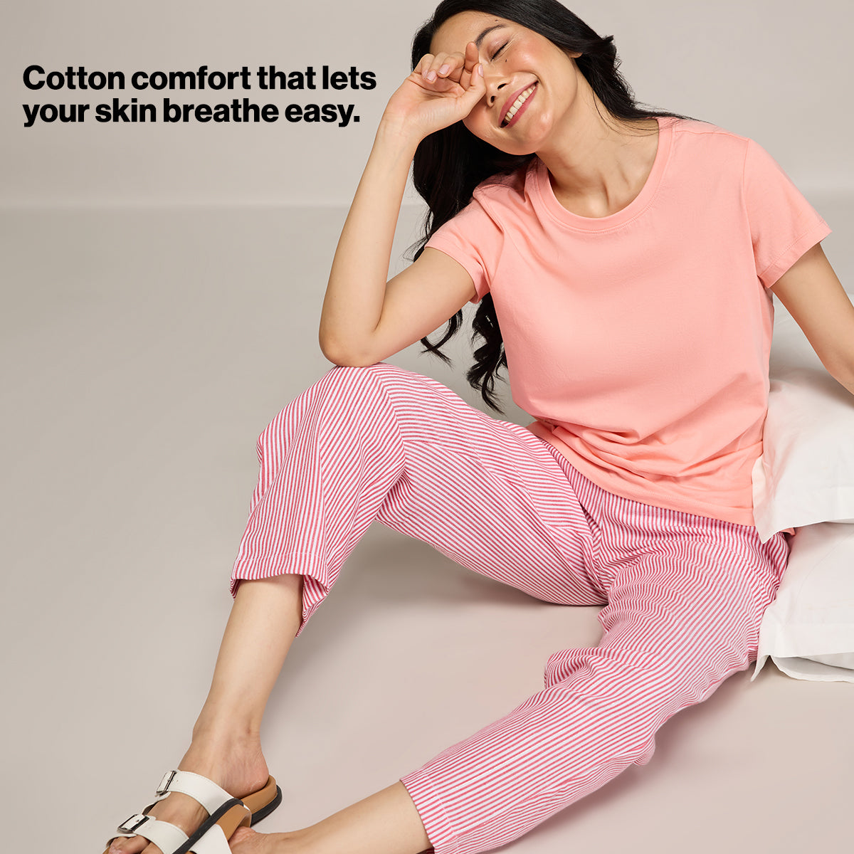 Nykd By Nykaa Essential Cotton Pyjama With Adjustable Elasticated Waist & Pockets Nys141 Coral Stripe