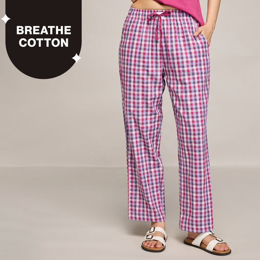 Nykd By Nykaa Essential Cotton Pyjama With Adjustable Elasticated Waist & Pockets Nys141 Grape Check