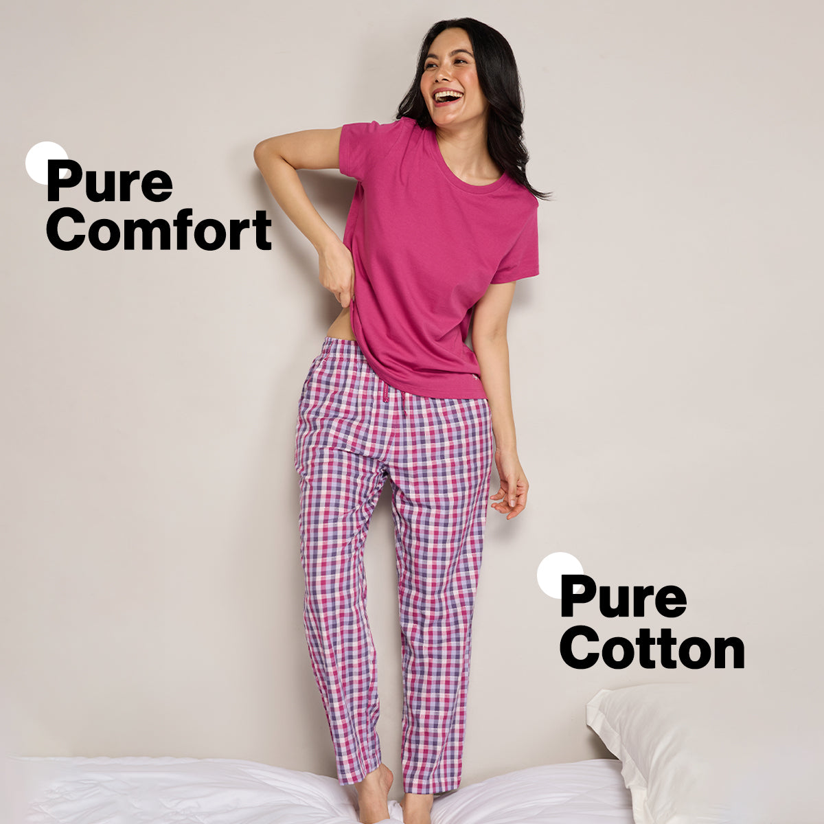 Nykd By Nykaa Essential Cotton Pyjama With Adjustable Elasticated Waist & Pockets Nys141 Grape Check