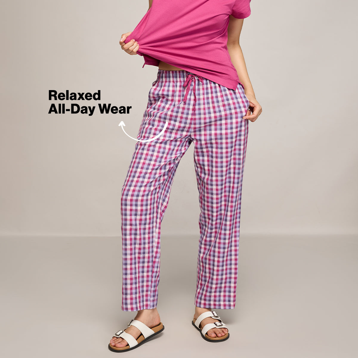 Nykd By Nykaa Essential Cotton Pyjama With Adjustable Elasticated Waist & Pockets Nys141 Grape Check