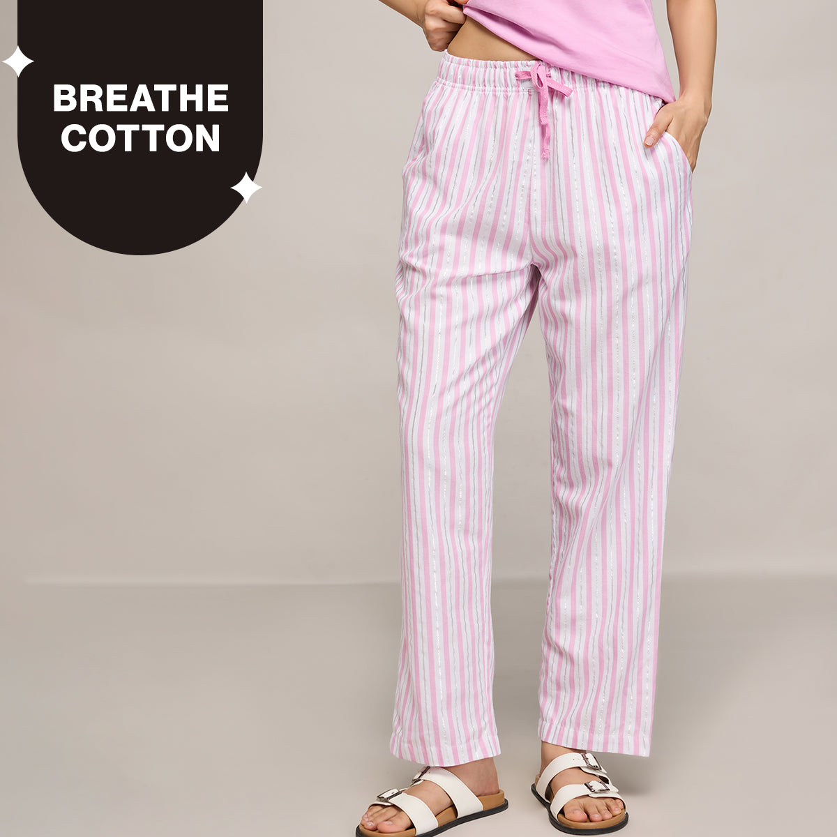 Nykd By Nykaa Essential Cotton Pyjama With Adjustable Elasticated Waist & Pockets Nys141 Pink Lurex Stripe