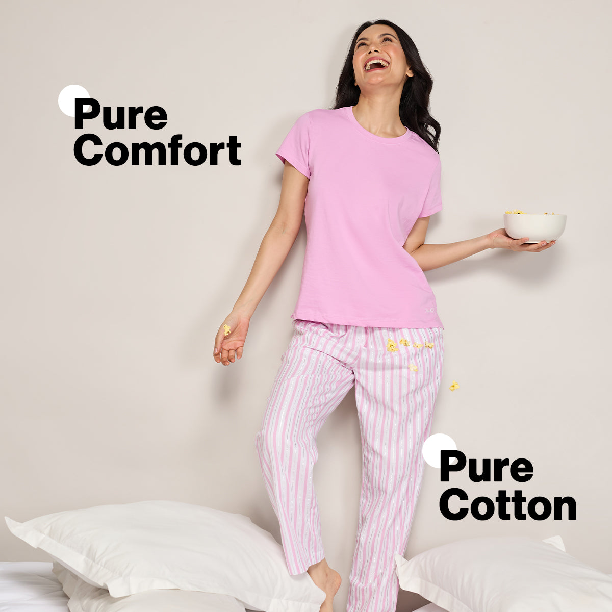 Nykd By Nykaa Essential Cotton Pyjama With Adjustable Elasticated Waist & Pockets Nys141 Pink Lurex Stripe