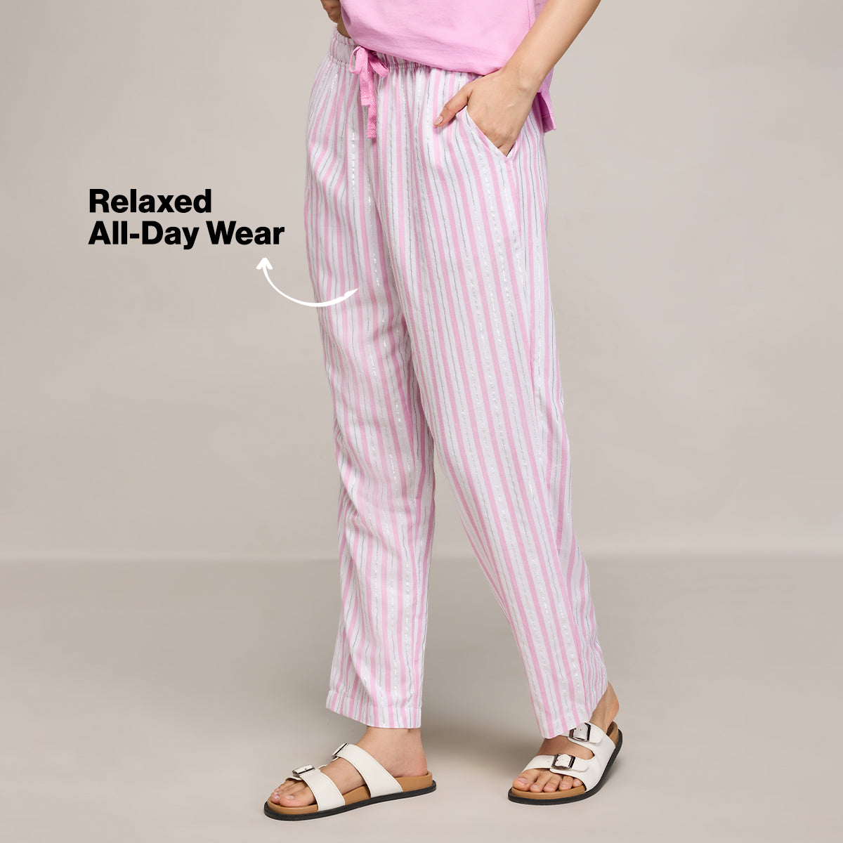 Nykd By Nykaa Essential Cotton Pyjama With Adjustable Elasticated Waist & Pockets Nys141 Pink Lurex Stripe
