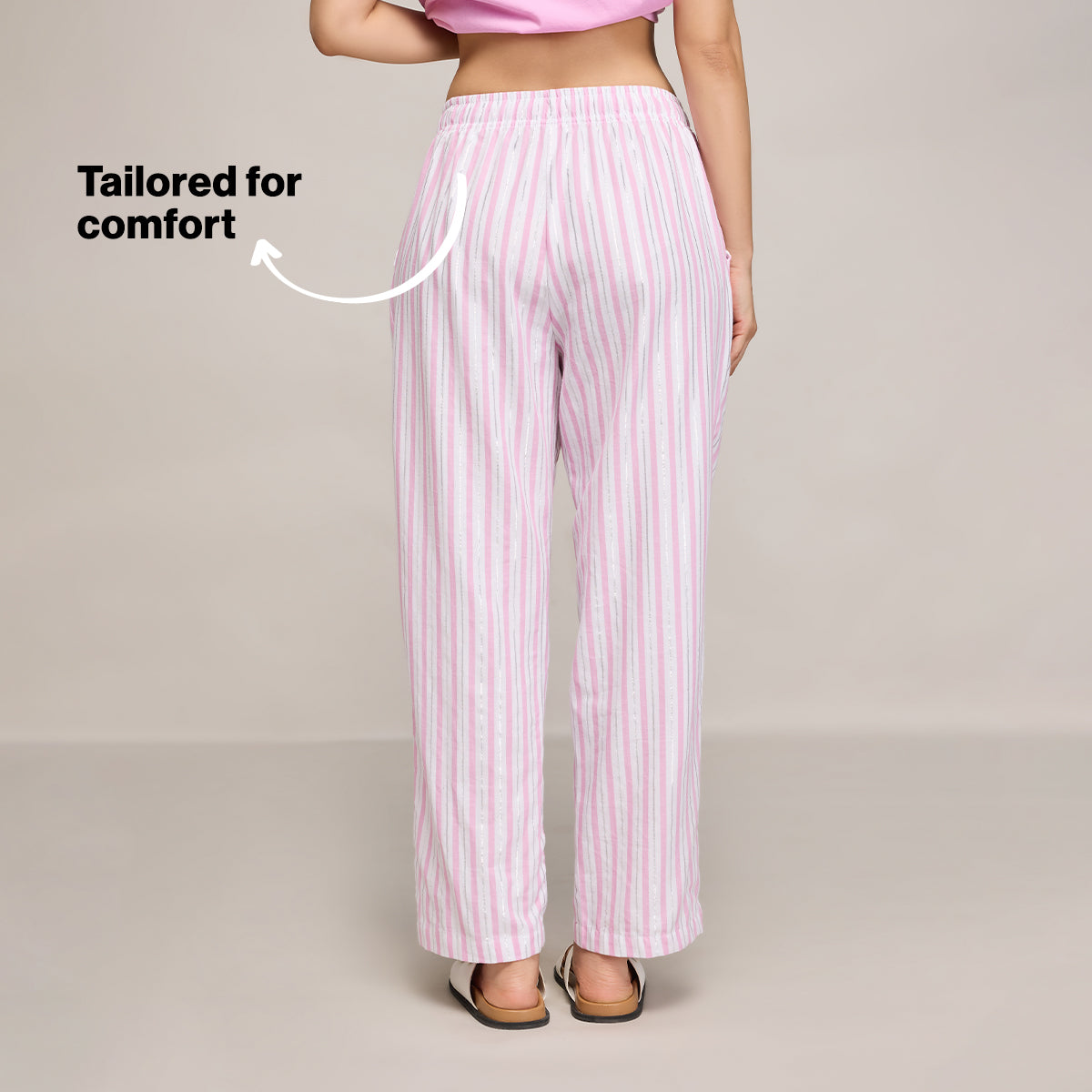 Nykd By Nykaa Essential Cotton Pyjama With Adjustable Elasticated Waist & Pockets Nys141 Pink Lurex Stripe