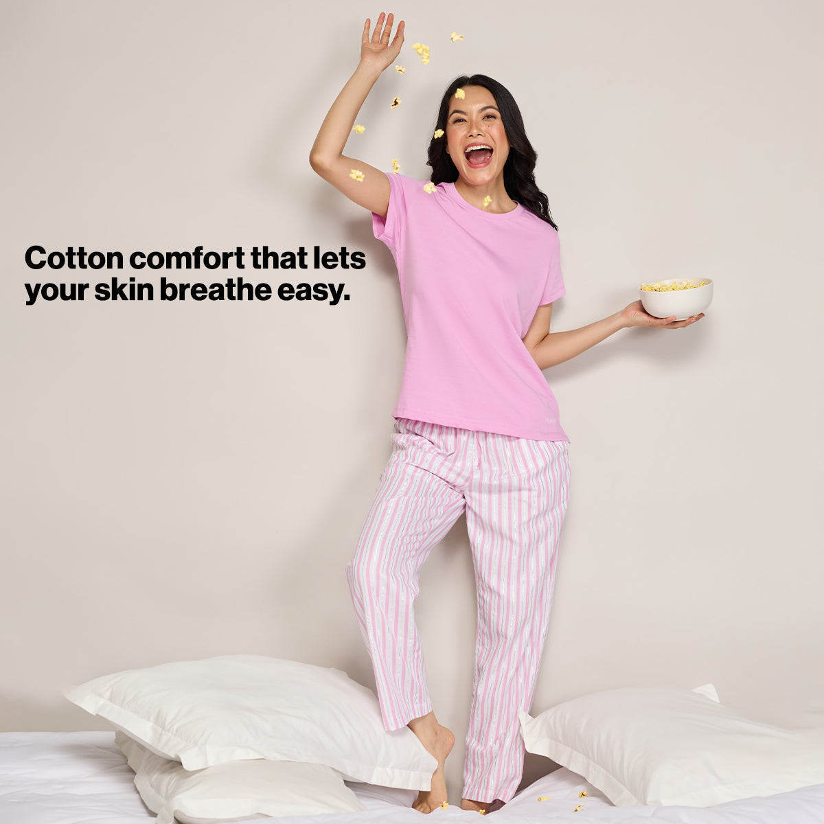 Nykd By Nykaa Essential Cotton Pyjama With Adjustable Elasticated Waist & Pockets Nys141 Pink Lurex Stripe