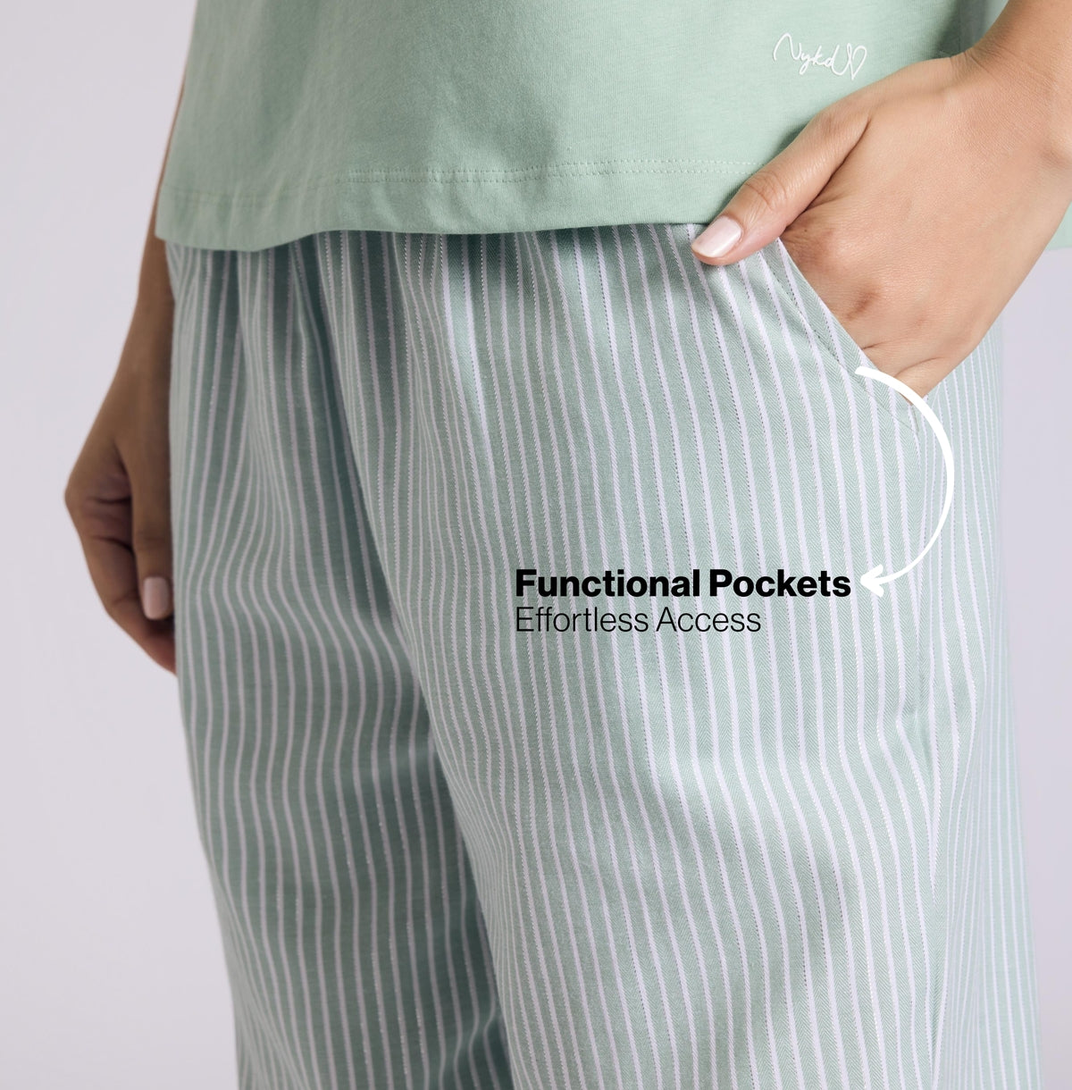 Nykd by Nykaa Essential Cotton Pyjama With Adjustable Elasticated Waist & Pockets Nys141 Green Stripe